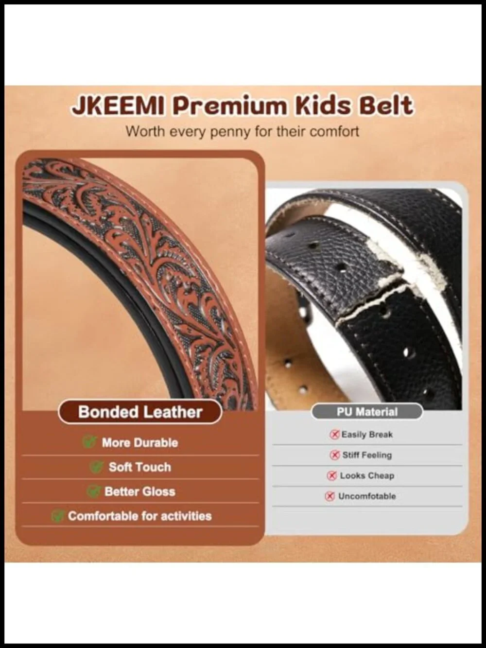 Kids Western Leather Belt with Floral Buckle, Adjustable Cowboy Belt for Boys &